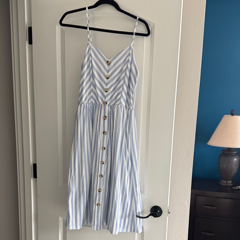 Elegant Blue and White Striped Midi Dress